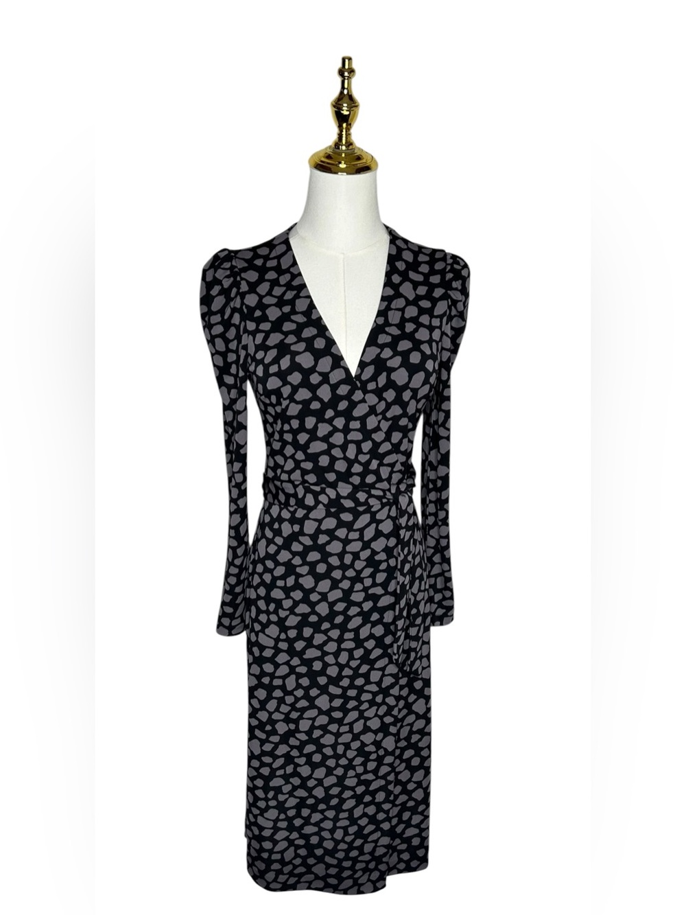 Ann Taylor Matte Jersey Black Gray Abstract Wrap Midi Dress Sz 0P NWT Corporate